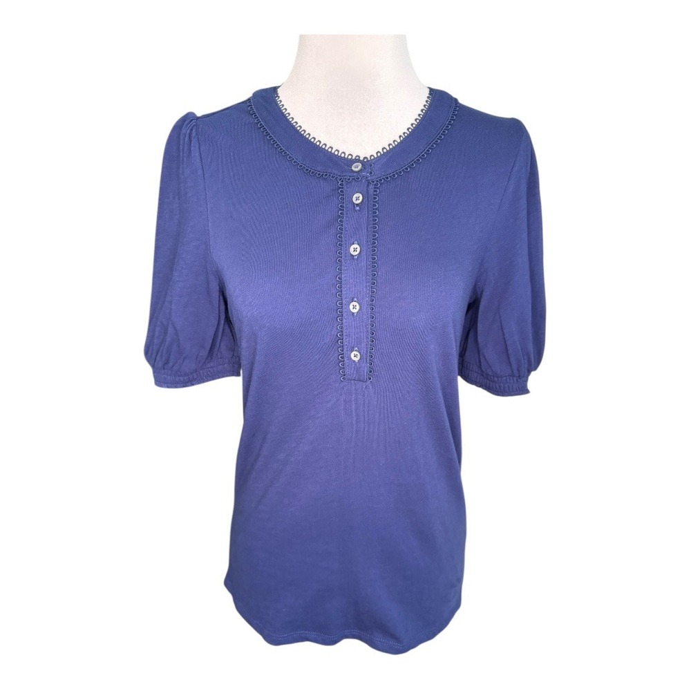 J. Crew Navy Blue Smocked Henley‎ Knit Puff Sleeve Top Women's XS NWT